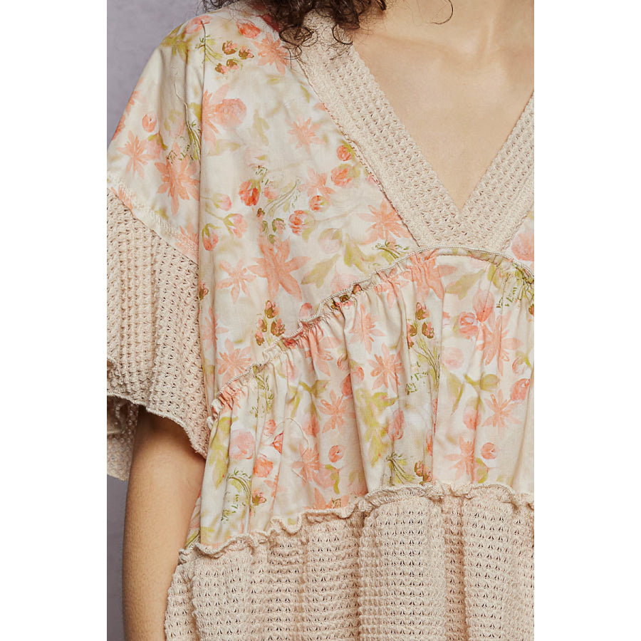 POL Floral Print V-Neck Woven Blouse with Gentle Gathers Apparel and Accessories