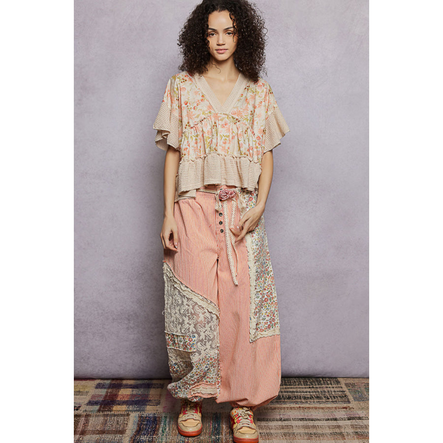 POL Floral Print V-Neck Woven Blouse with Gentle Gathers Apparel and Accessories