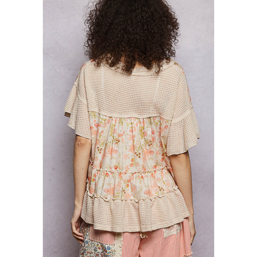 POL Floral Print V-Neck Woven Blouse with Gentle Gathers Apparel and Accessories