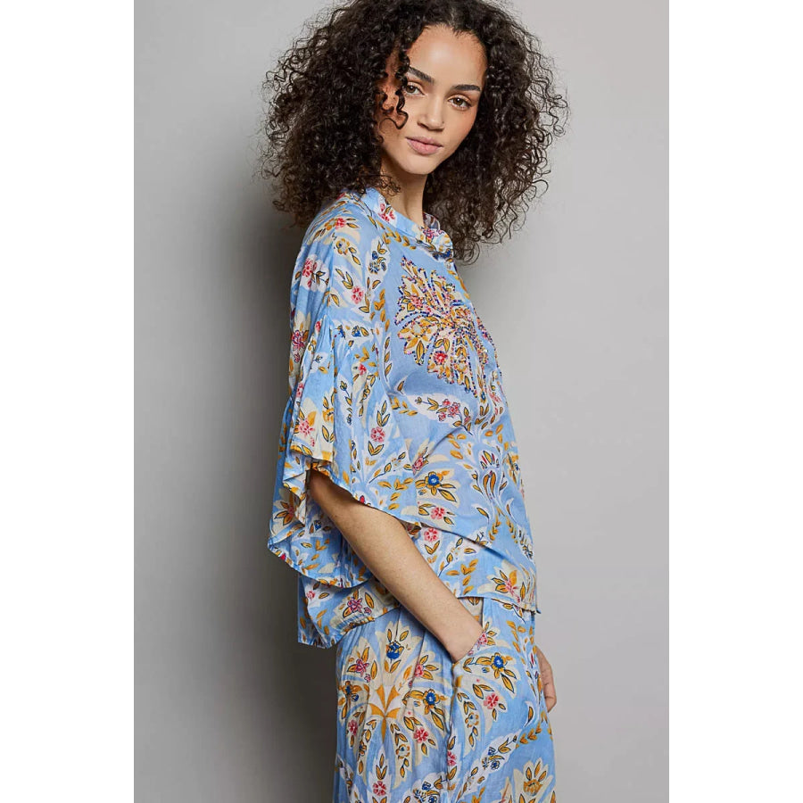 POL Floral Printed Woven Ruffle Sleeve Shirt Apparel and Accessories