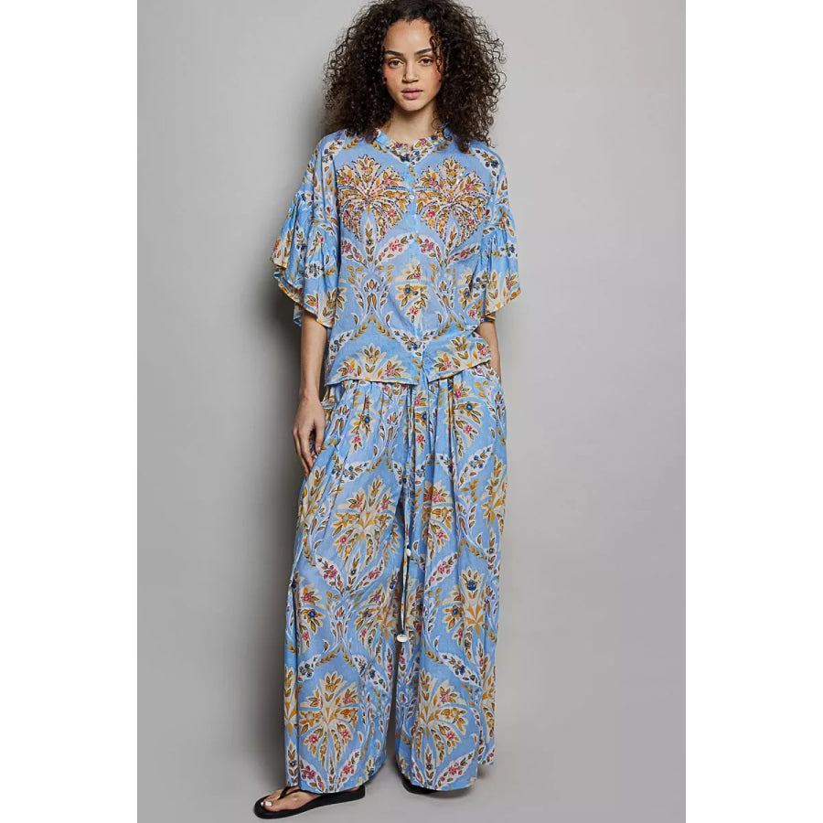 POL Floral Printed Woven Ruffle Sleeve Shirt Apparel and Accessories