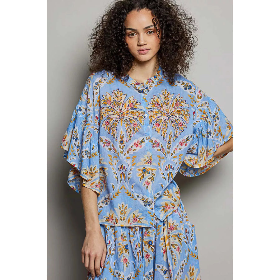 POL Floral Printed Woven Ruffle Sleeve Shirt BLUE MULTI / S Apparel and Accessories