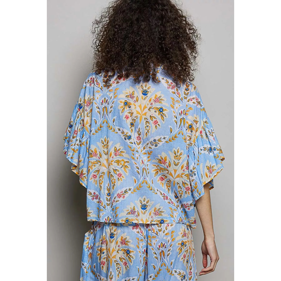 POL Floral Printed Woven Ruffle Sleeve Shirt Apparel and Accessories