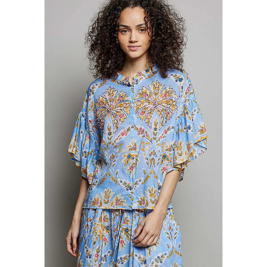 POL Floral Printed Woven Ruffle Sleeve Shirt BLUE MULTI / S Apparel and Accessories