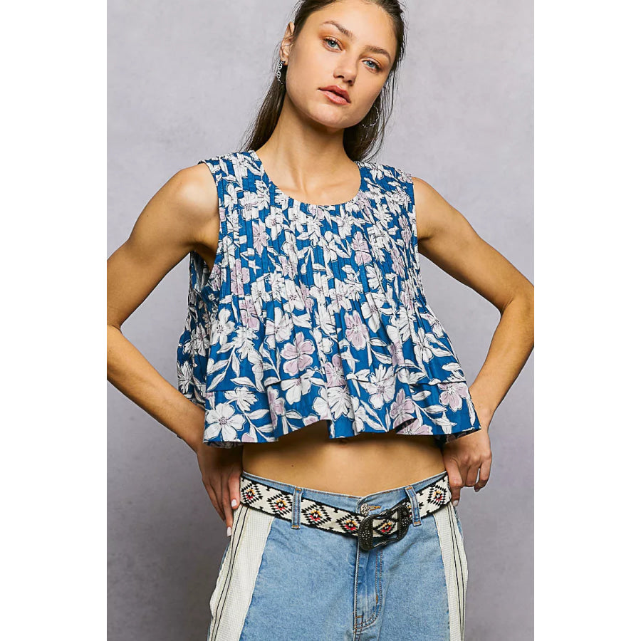 POL Floral Round Neck Cropped Pintuck Tank NAVY FLORAL / S Apparel and Accessories