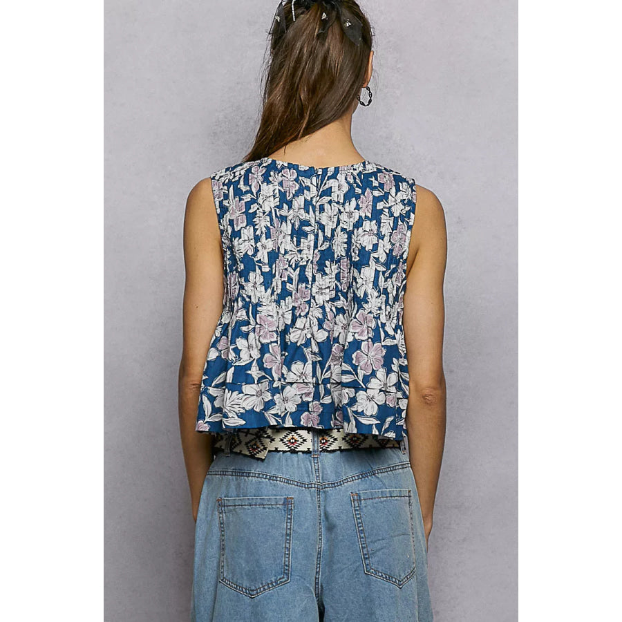 POL Floral Round Neck Cropped Pintuck Tank Apparel and Accessories