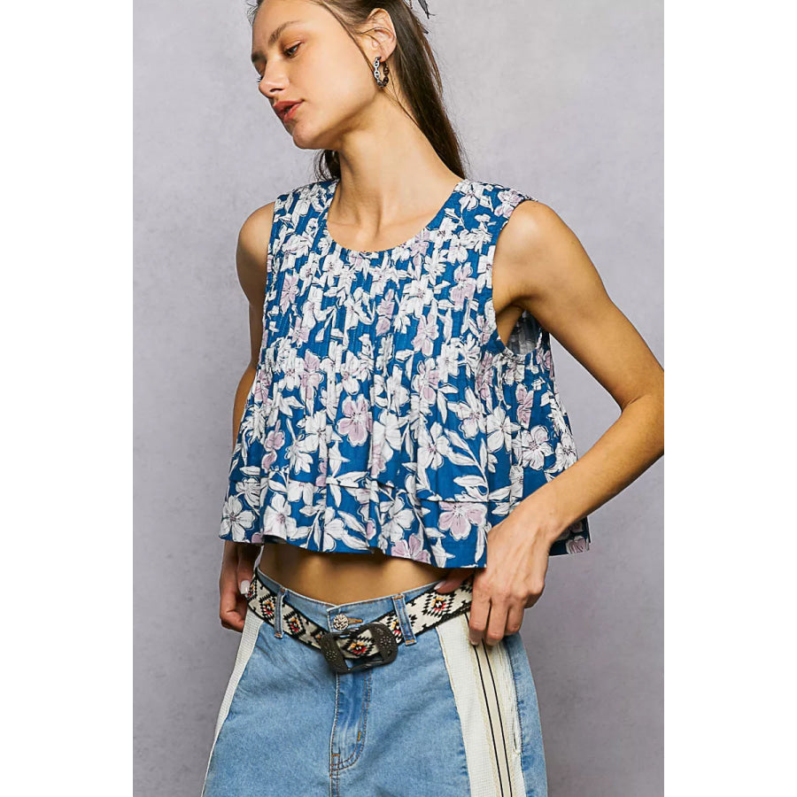 POL Floral Round Neck Cropped Pintuck Tank Apparel and Accessories