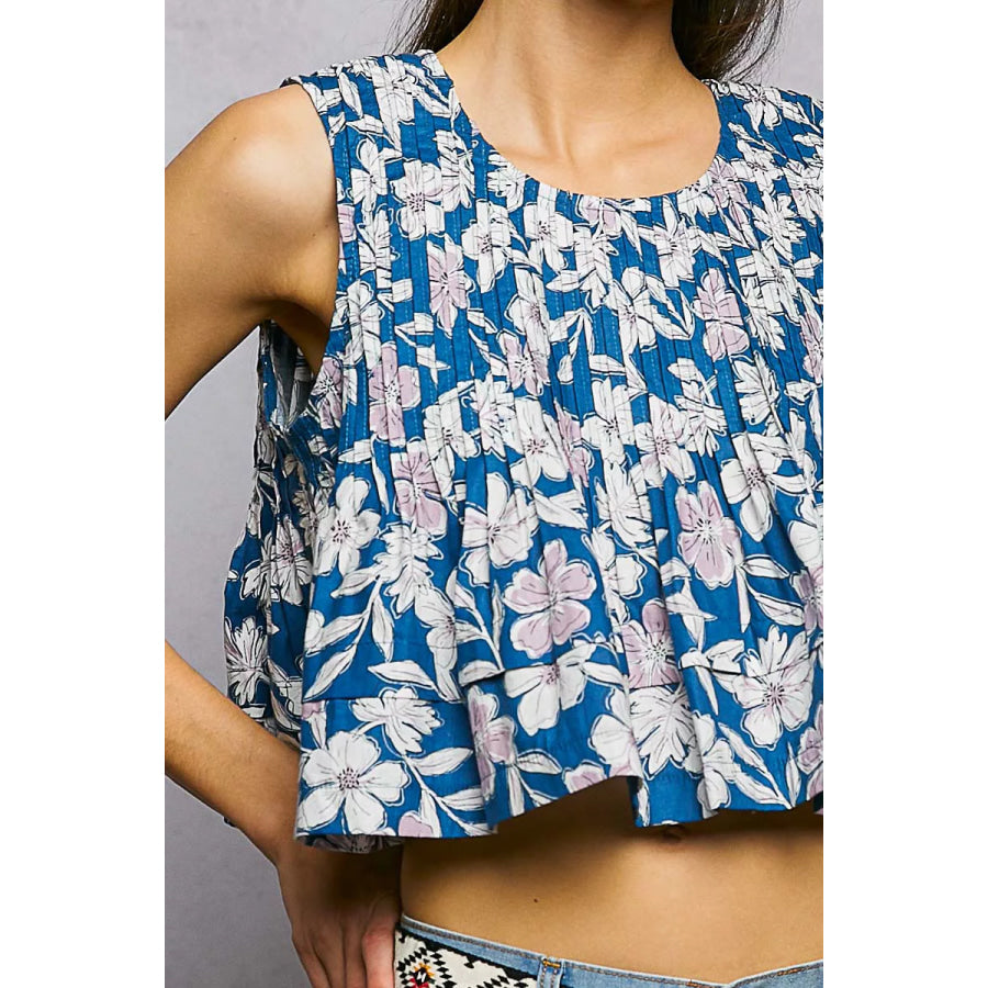 POL Floral Round Neck Cropped Pintuck Tank Apparel and Accessories