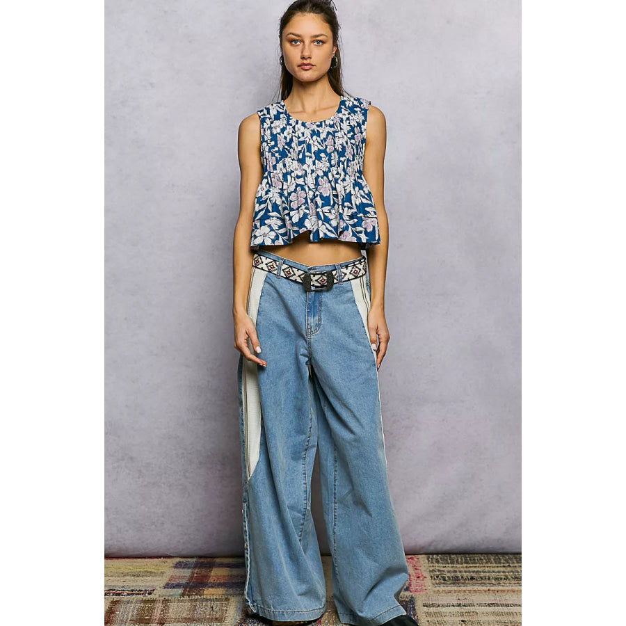 POL Floral Round Neck Cropped Pintuck Tank Apparel and Accessories