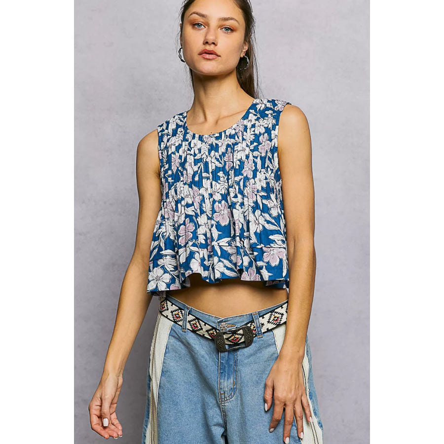 POL Floral Round Neck Cropped Pintuck Tank NAVY FLORAL / S Apparel and Accessories