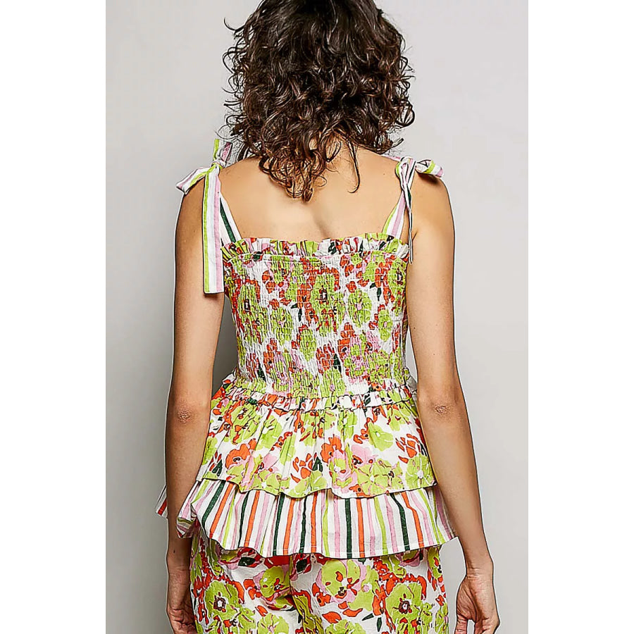 POL Floral Smocked Ruffled Cami with Tie Shoulder Straps Apparel and Accessories