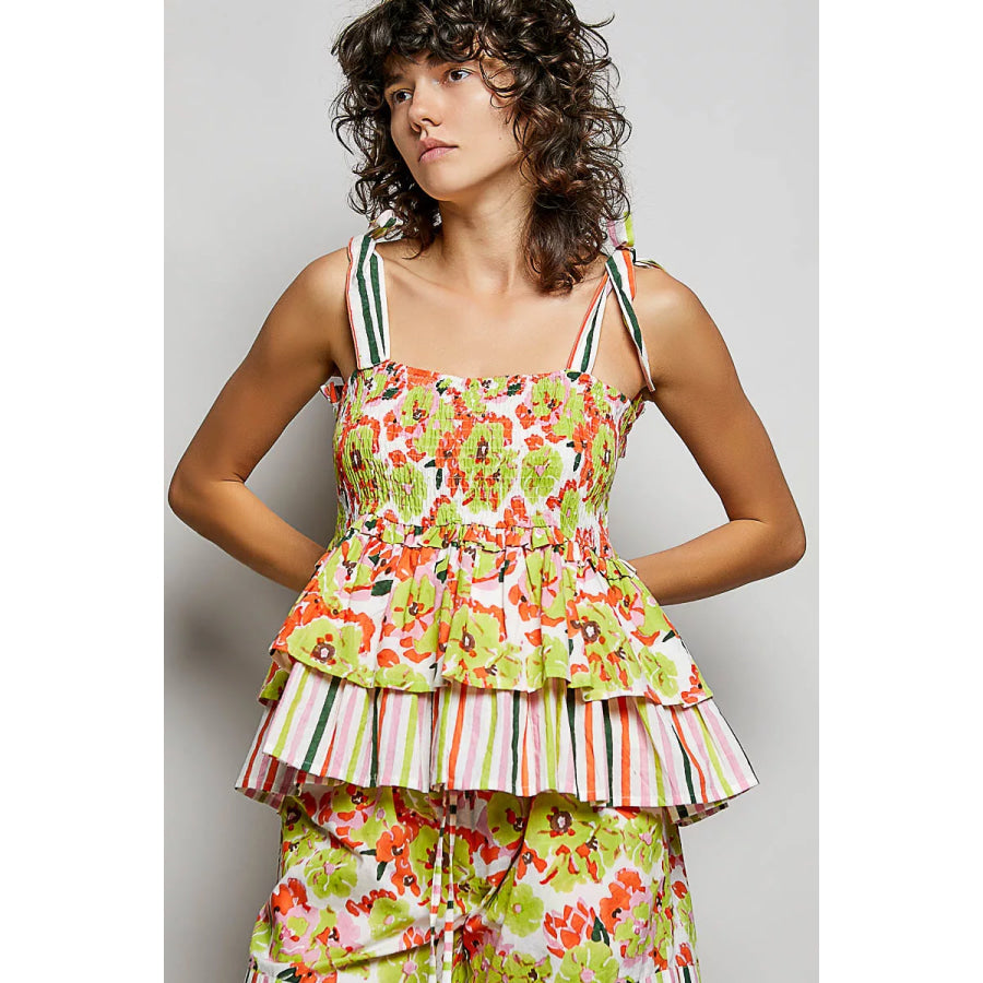 POL Floral Smocked Ruffled Cami with Tie Shoulder Straps Apparel and Accessories
