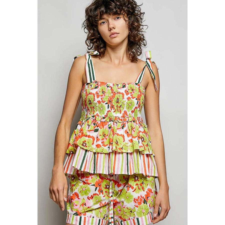 POL Floral Smocked Ruffled Cami with Tie Shoulder Straps Apparel and Accessories