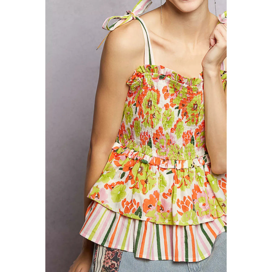 POL Floral Smocked Ruffled Cami with Tie Shoulder Straps Apparel and Accessories