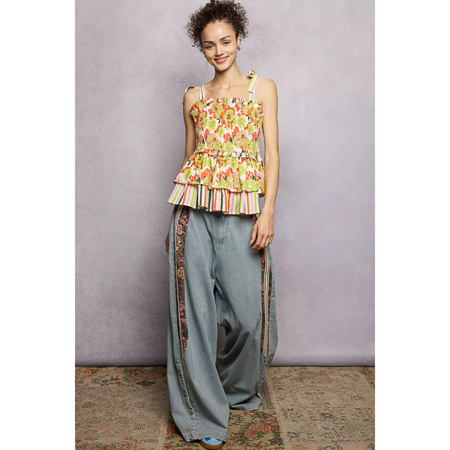 POL Floral Smocked Ruffled Cami with Tie Shoulder Straps Apparel and Accessories