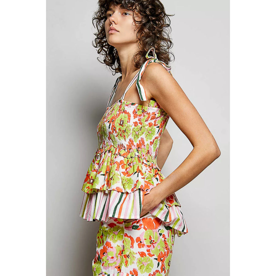 POL Floral Smocked Ruffled Cami with Tie Shoulder Straps Apparel and Accessories