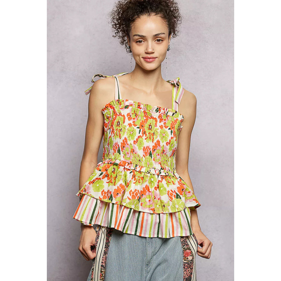 POL Floral Smocked Ruffled Cami with Tie Shoulder Straps LIME MULTI / S Apparel and Accessories