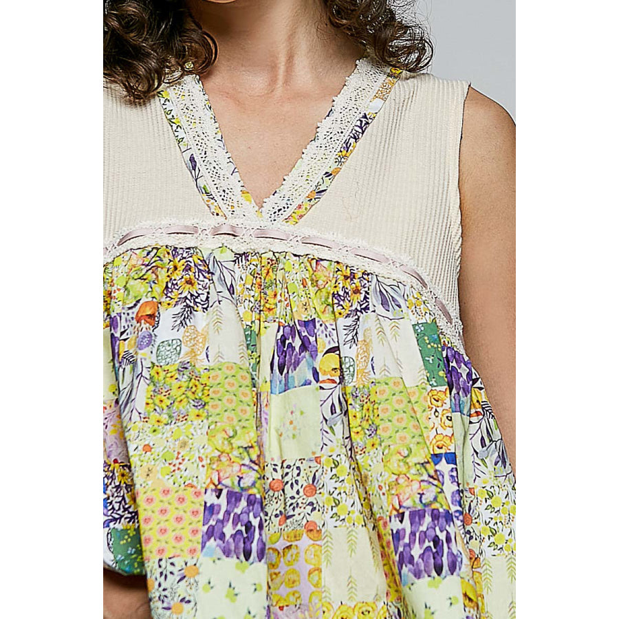POL Floral V-Neck Sheer Tank with Lace Trim Apparel and Accessories