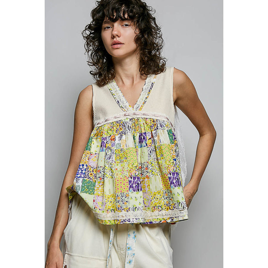POL Floral V-Neck Sheer Tank with Lace Trim VANILLA CREAM / S Apparel and Accessories