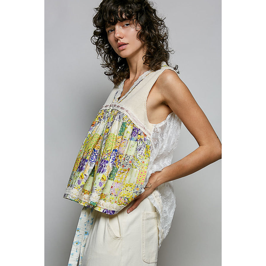POL Floral V-Neck Sheer Tank with Lace Trim Apparel and Accessories