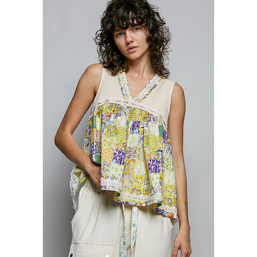 POL Floral V-Neck Sheer Tank with Lace Trim VANILLA CREAM / S Apparel and Accessories
