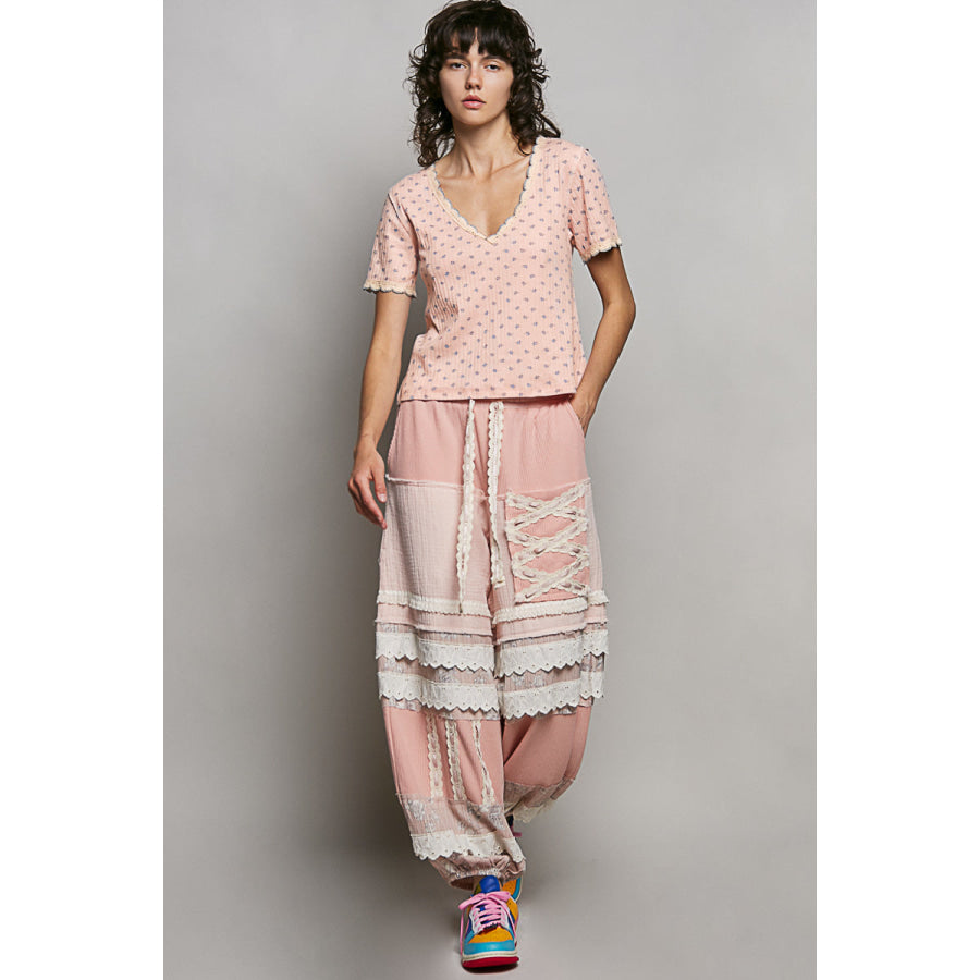 POL Floral V-Neck Short Sleeve Rib T-Shirt Apparel and Accessories