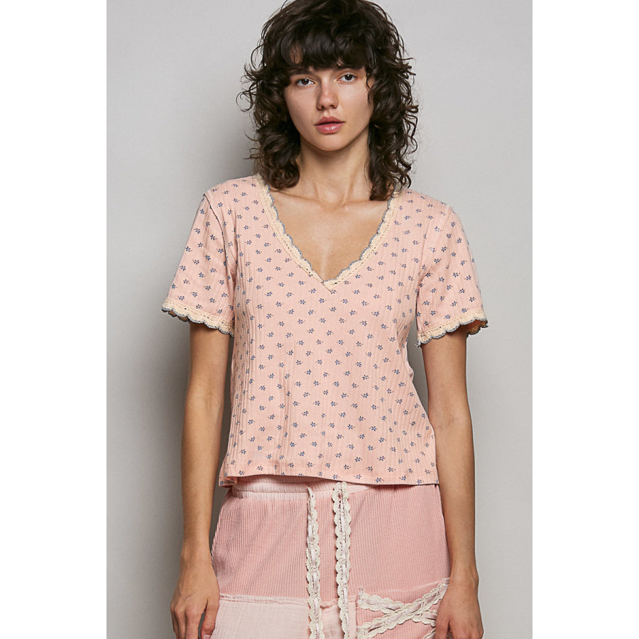 POL Floral V-Neck Short Sleeve Rib T-Shirt Apparel and Accessories