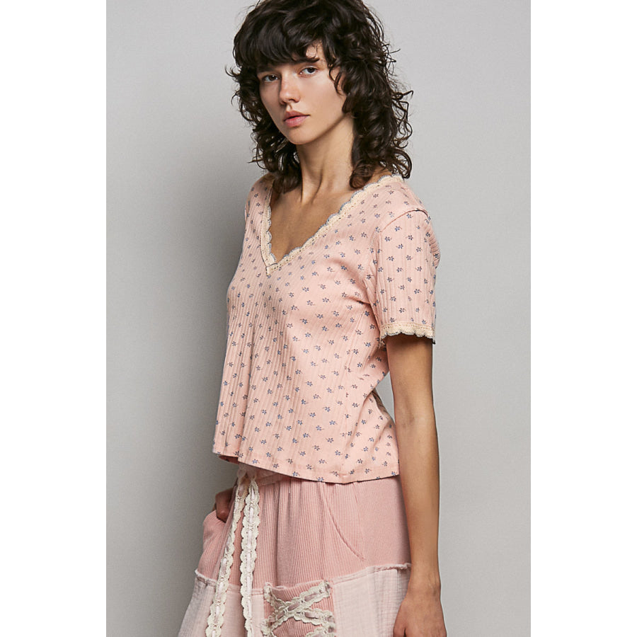 POL Floral V-Neck Short Sleeve Rib T-Shirt Apparel and Accessories