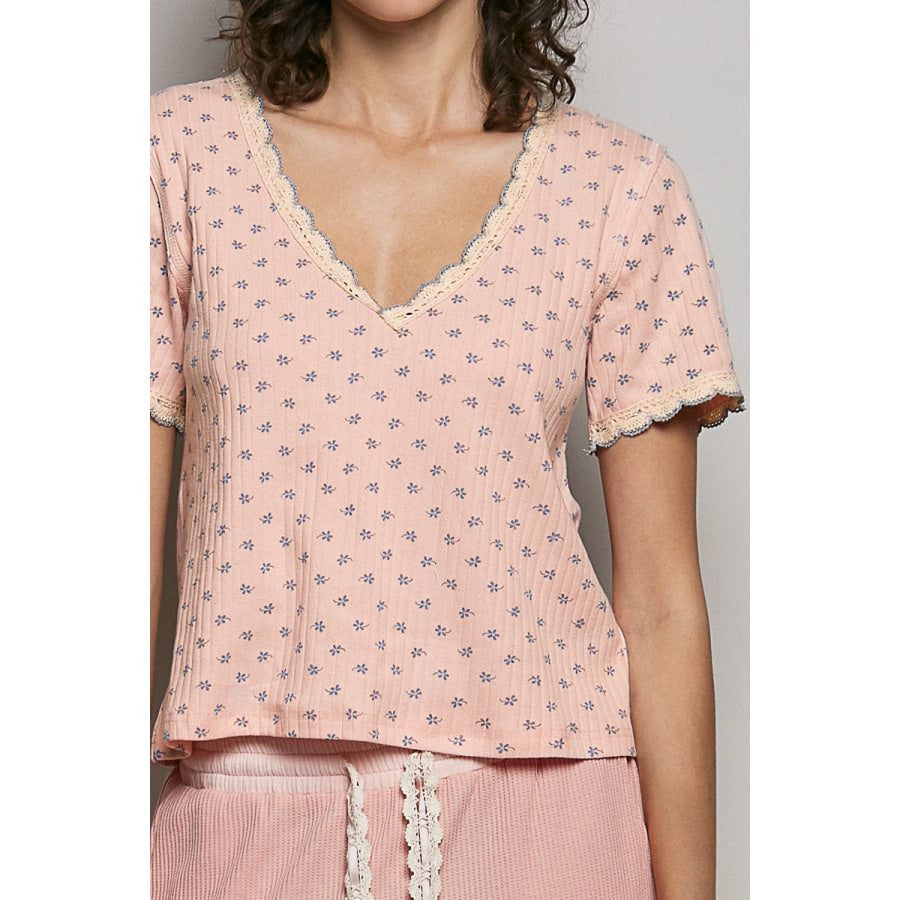 POL Floral V-Neck Short Sleeve Rib T-Shirt Apparel and Accessories