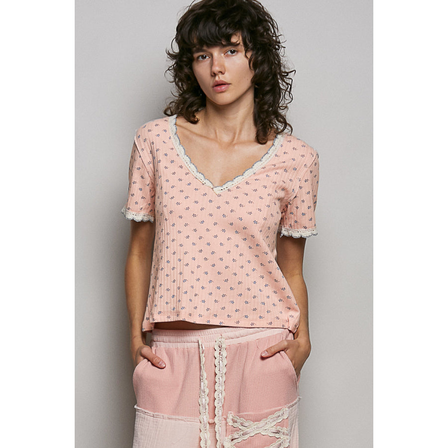 POL Floral V-Neck Short Sleeve Rib T-Shirt SOFT PINK / S Apparel and Accessories