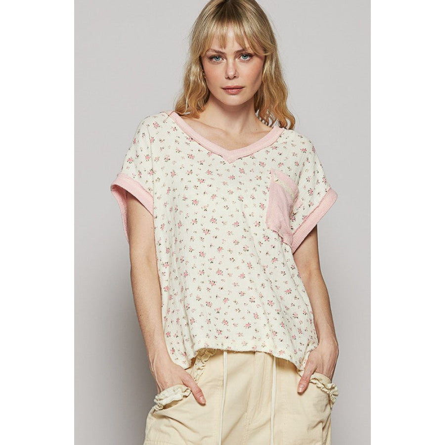 POL Floral V-Neck Short Sleeve T-Shirt Apparel and Accessories