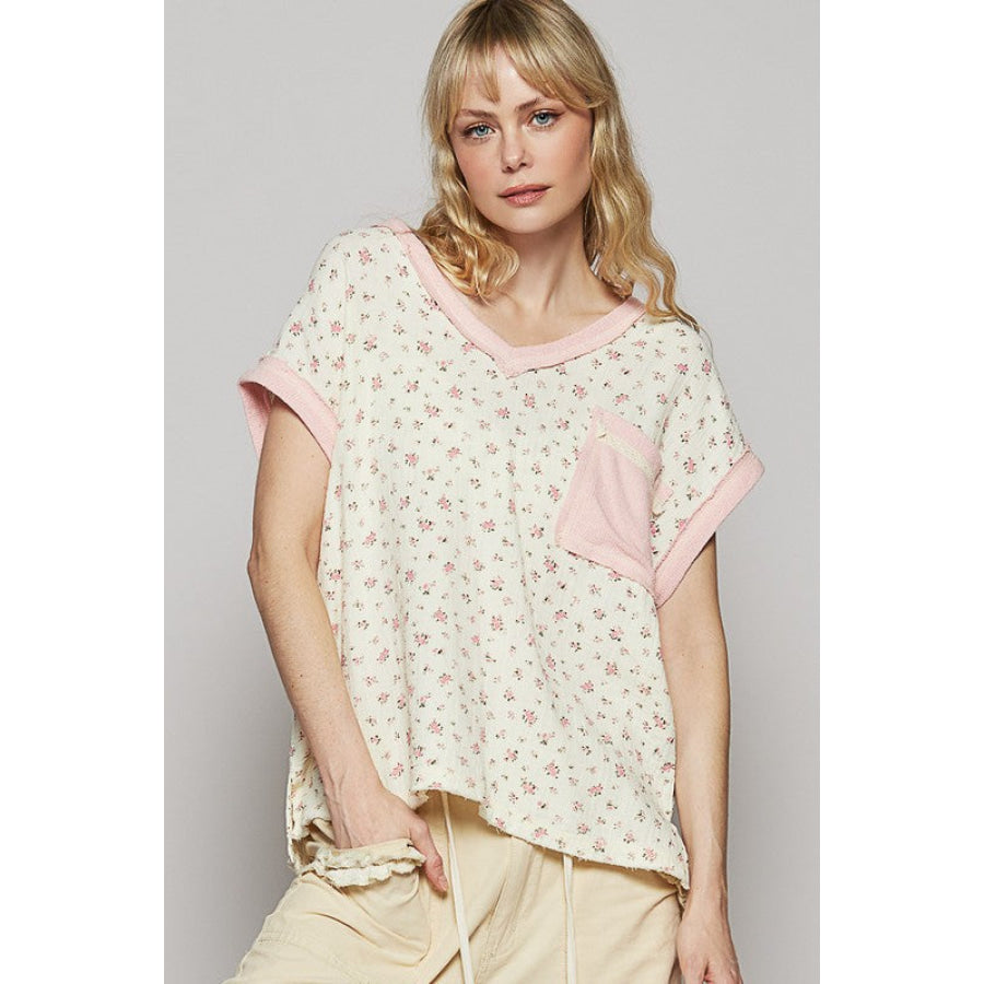 POL Floral V-Neck Short Sleeve T-Shirt Natural/Pink / S Apparel and Accessories