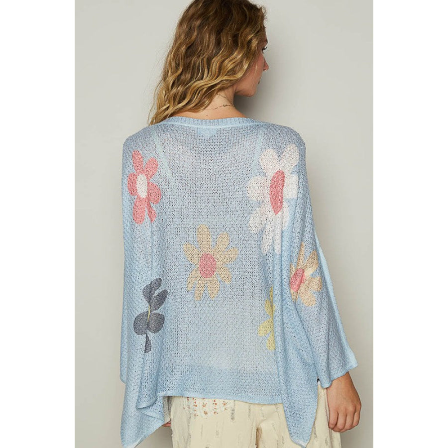 POL Flower Dropped Shoulder Long Sleeve Knit Top Baby Blue / S Apparel and Accessories