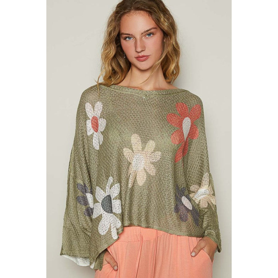 POL Flower Dropped Shoulder Long Sleeve Knit Top Apparel and Accessories