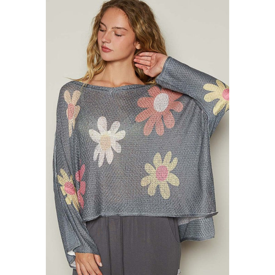 POL Flower Dropped Shoulder Long Sleeve Knit Top Apparel and Accessories