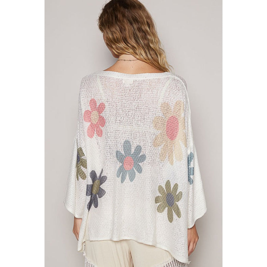 POL Flower Dropped Shoulder Long Sleeve Knit Top Apparel and Accessories