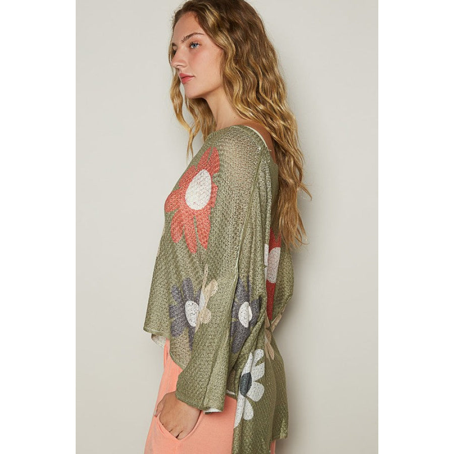 POL Flower Dropped Shoulder Long Sleeve Knit Top Apparel and Accessories