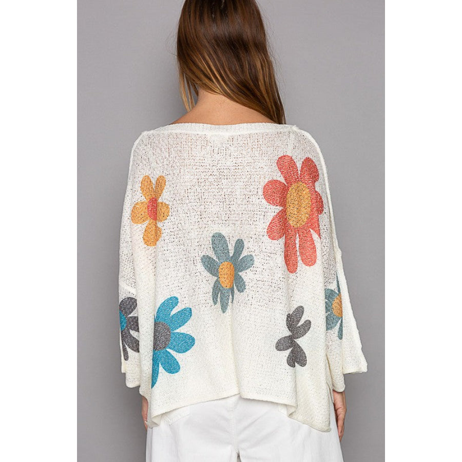 POL Flower Dropped Shoulder Long Sleeve Knit Top Apparel and Accessories