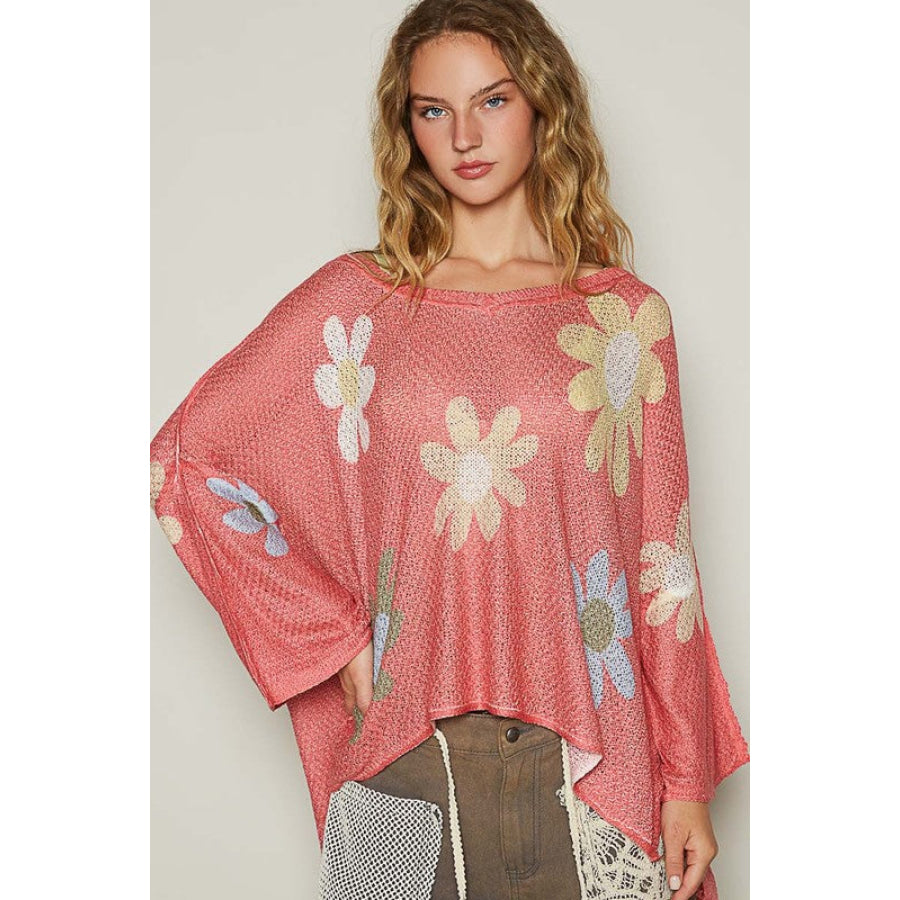 POL Flower Dropped Shoulder Long Sleeve Knit Top Apparel and Accessories