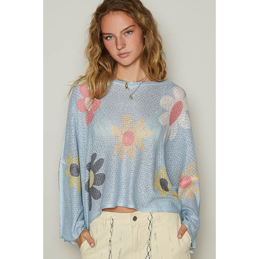 POL Flower Dropped Shoulder Long Sleeve Knit Top Baby Blue / S Apparel and Accessories