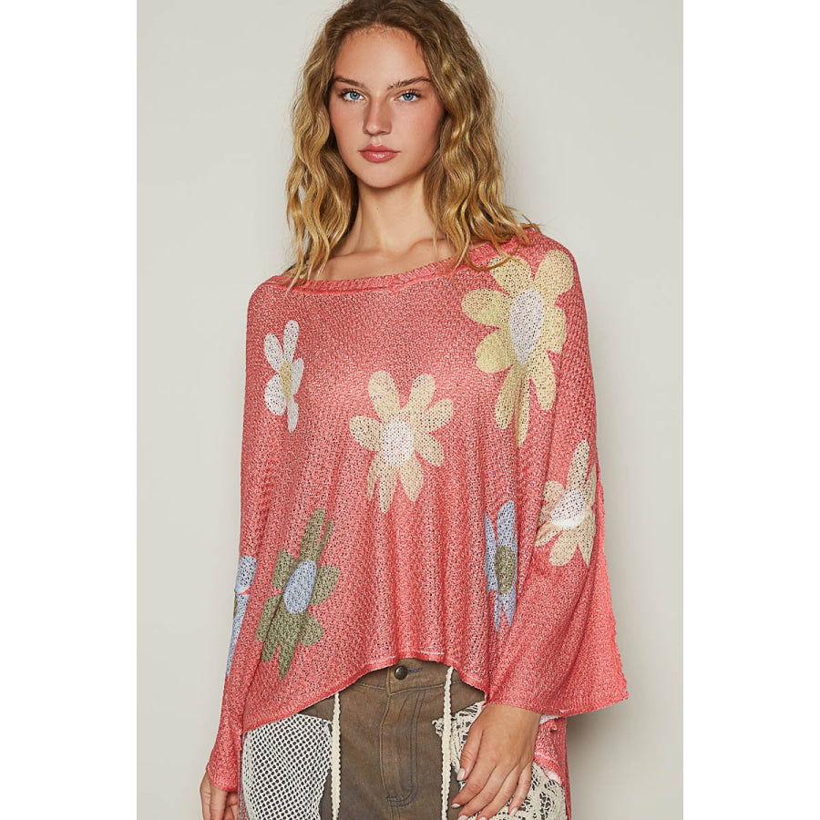 POL Flower Dropped Shoulder Long Sleeve Knit Top Burnt Coral / S Apparel and Accessories