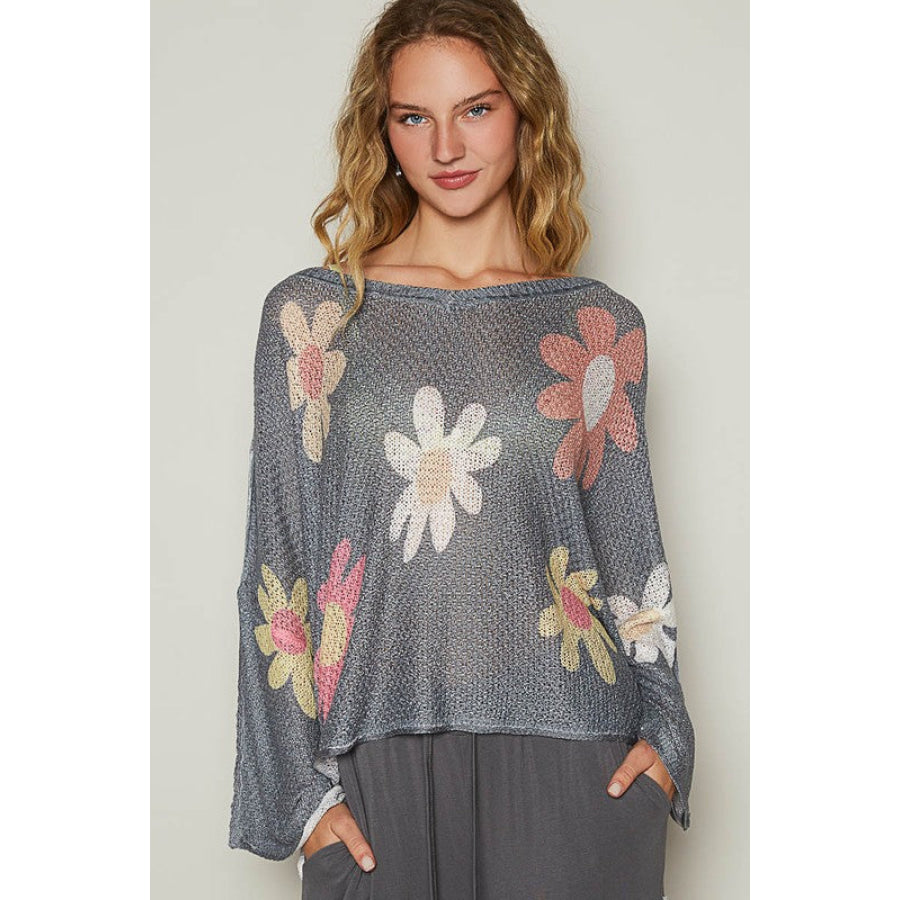 POL Flower Dropped Shoulder Long Sleeve Knit Top Charcoal / S Apparel and Accessories