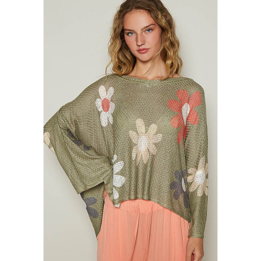 POL Flower Dropped Shoulder Long Sleeve Knit Top Olive / S Apparel and Accessories