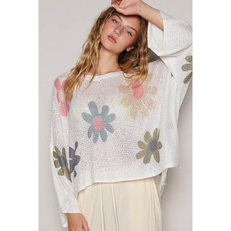 POL Flower Dropped Shoulder Long Sleeve Knit Top White / S Apparel and Accessories