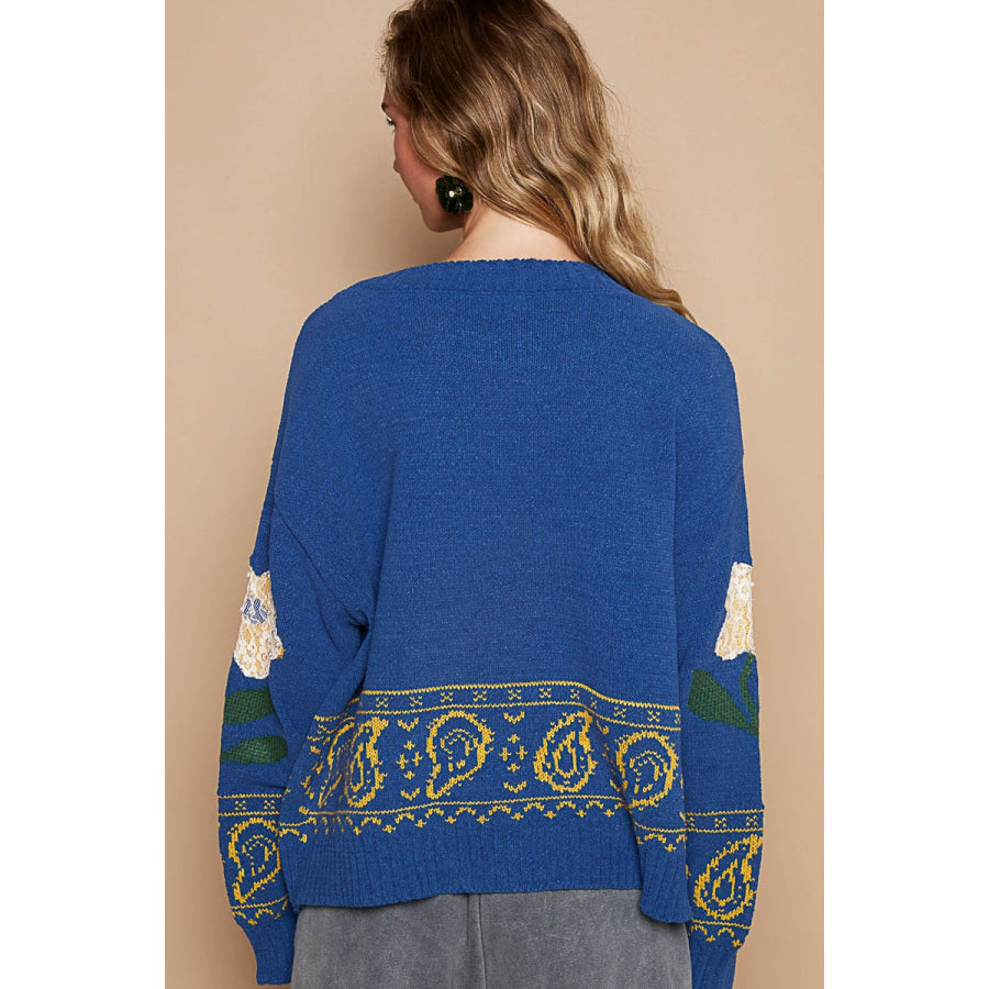 POL Flower Lace Patch Long Sleeve Sweater Apparel and Accessories