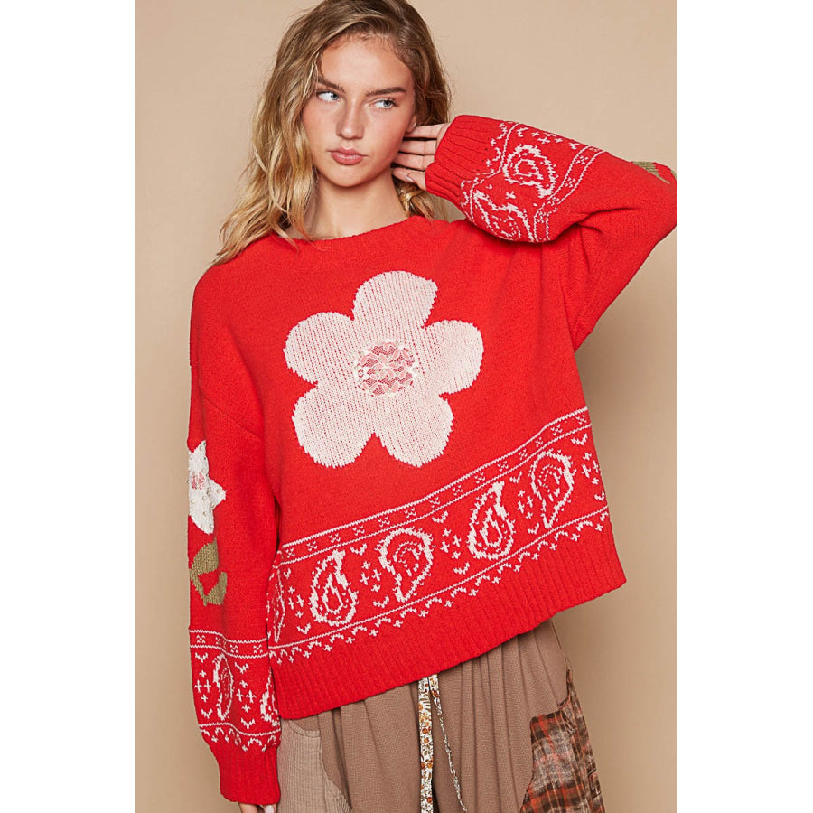 POL Flower Lace Patch Long Sleeve Sweater Apparel and Accessories