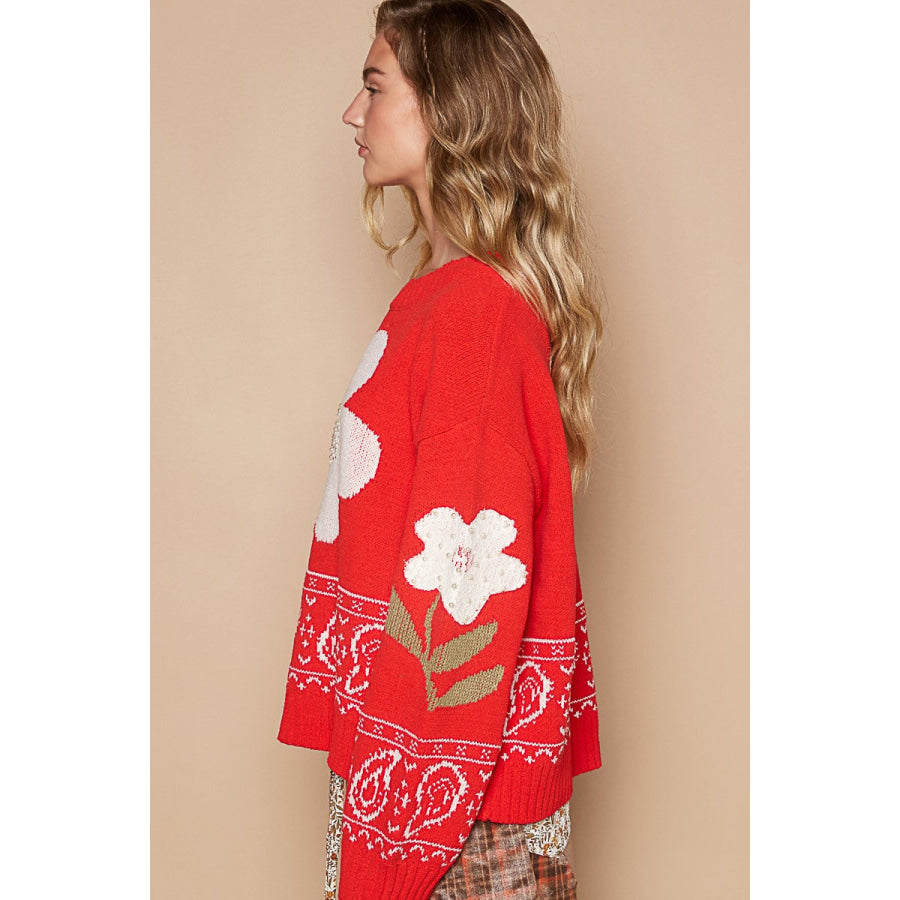 POL Flower Lace Patch Long Sleeve Sweater Apparel and Accessories