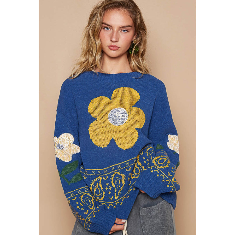 POL Flower Lace Patch Long Sleeve Sweater Apparel and Accessories