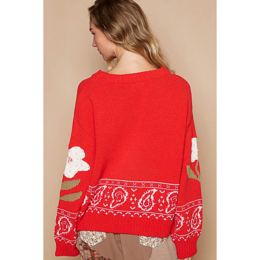 POL Flower Lace Patch Long Sleeve Sweater Apparel and Accessories