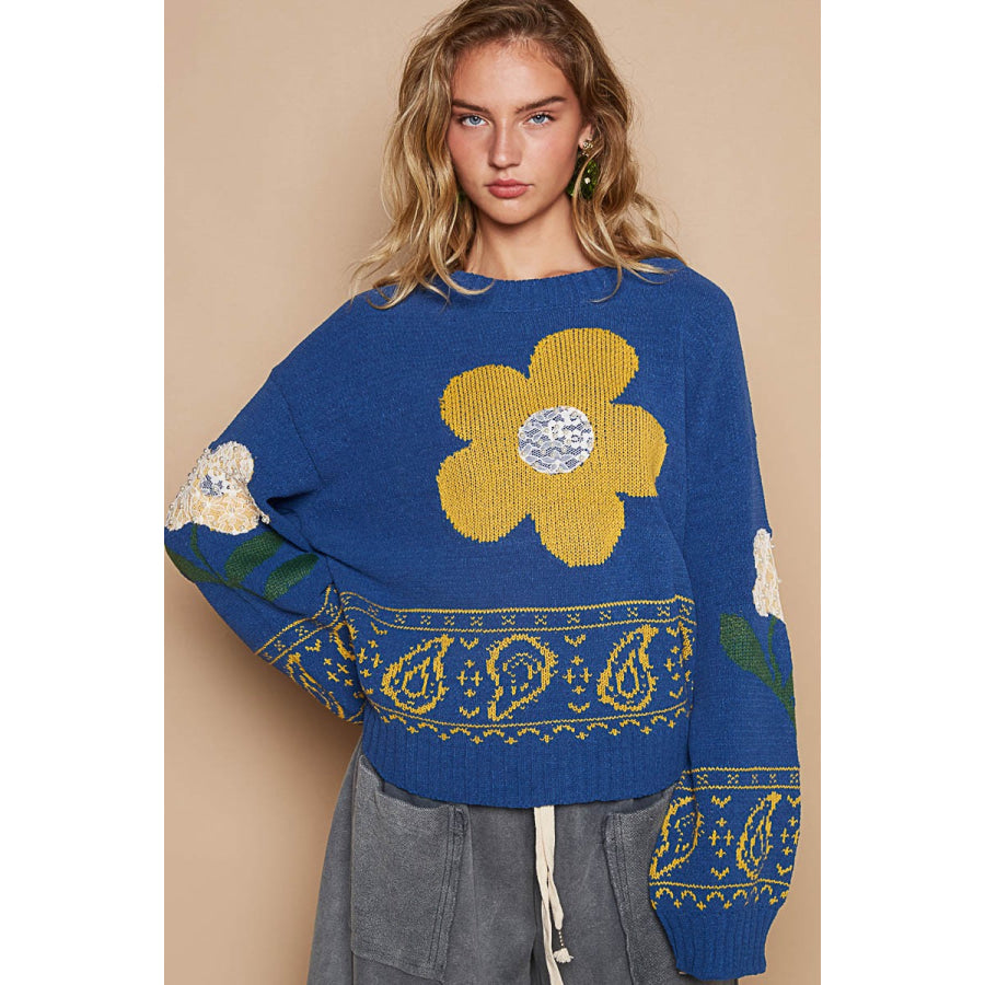 POL Flower Lace Patch Long Sleeve Sweater Blue / S Apparel and Accessories